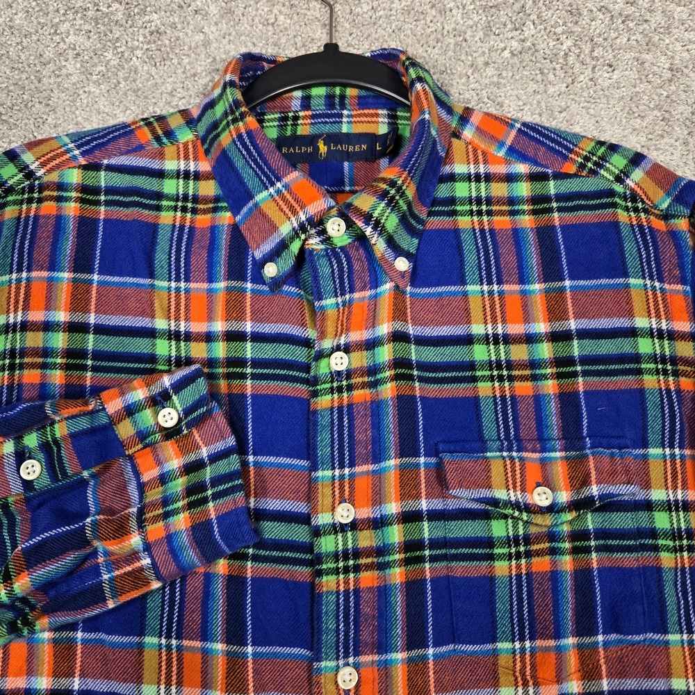 Ralph Lauren flannel shirt Men Large Plaid Orange Green Blue Cotton NO PONY